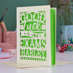 Good luck card for exams with personalized name on a desk