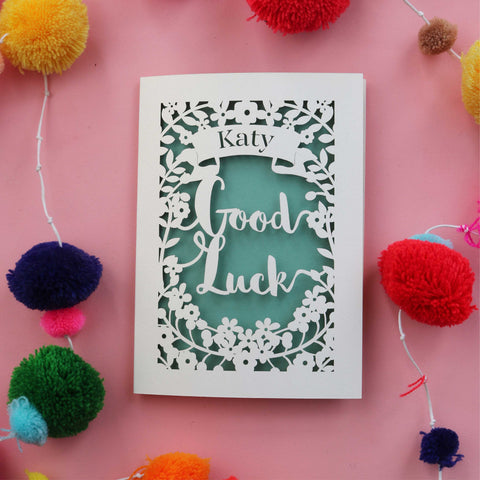 A cut out good luck card personalised with a name - A6 / Sage