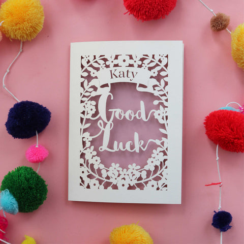 A laser cut Good luck in your exams card, personalised with a name - A5 / Dusky Pink