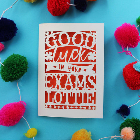 A personalised laser cut good luck in exams card - A5 / Orange
