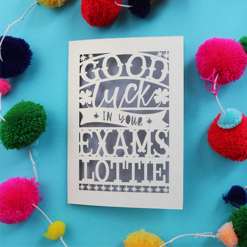 Good luck in your exams, name. A laser cut greetings card - A5 / Silver