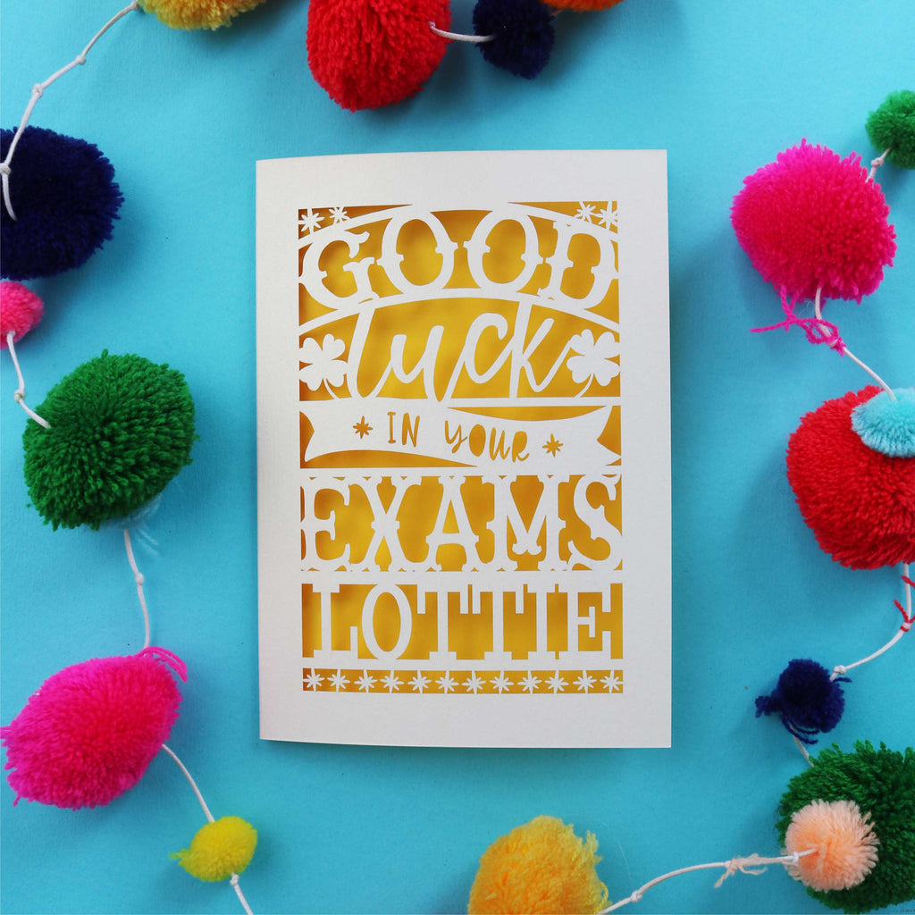A unique and personalised card for good luck in exams