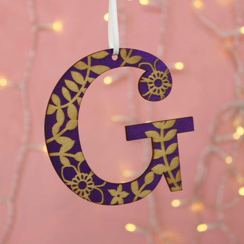 Floral Purple Painted Engraved Initial Decoration - G