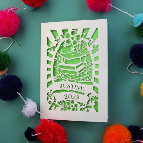 A laser cut graduation card, personalised with a name and year. - A6 (small) / Bright Green