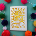 A cream and yellow laser cut graduation card for son or daughter, made in UK