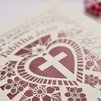 A close up detail image showing the laser cut 1st Holy Communion card