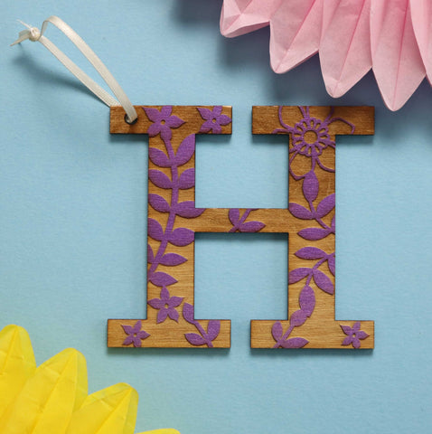 Assorted Letter H Wooden Engraved Hanging Decorations - 3mm purple floral