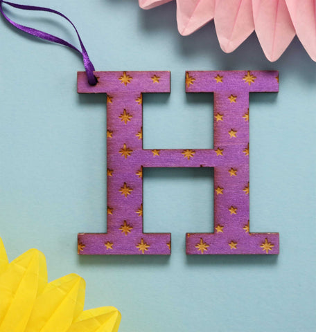 Assorted Letter H Wooden Engraved Hanging Decorations - 6mm purple stars