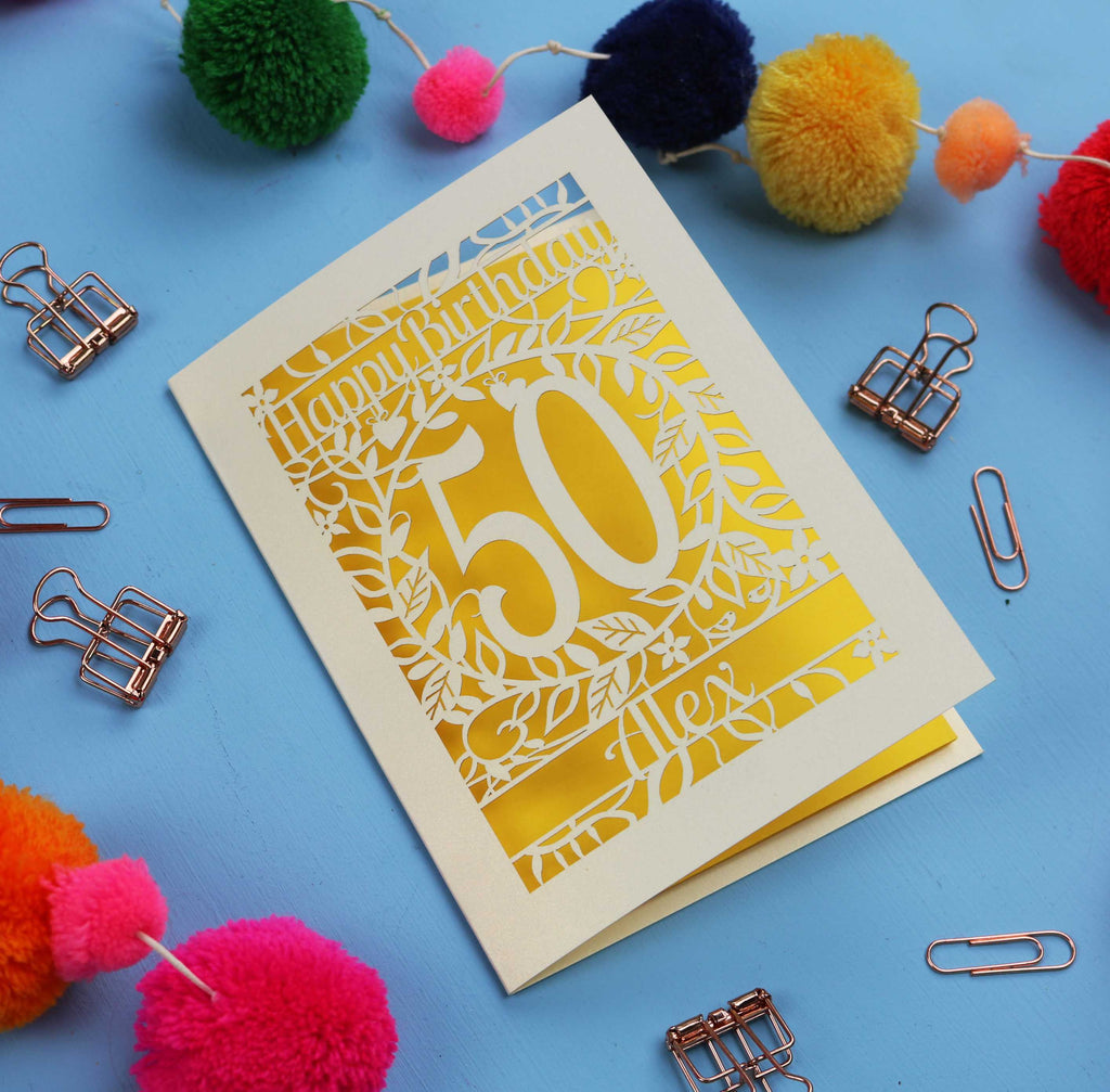 50th Birthday Card – Personalised Laser Cut Flower Design