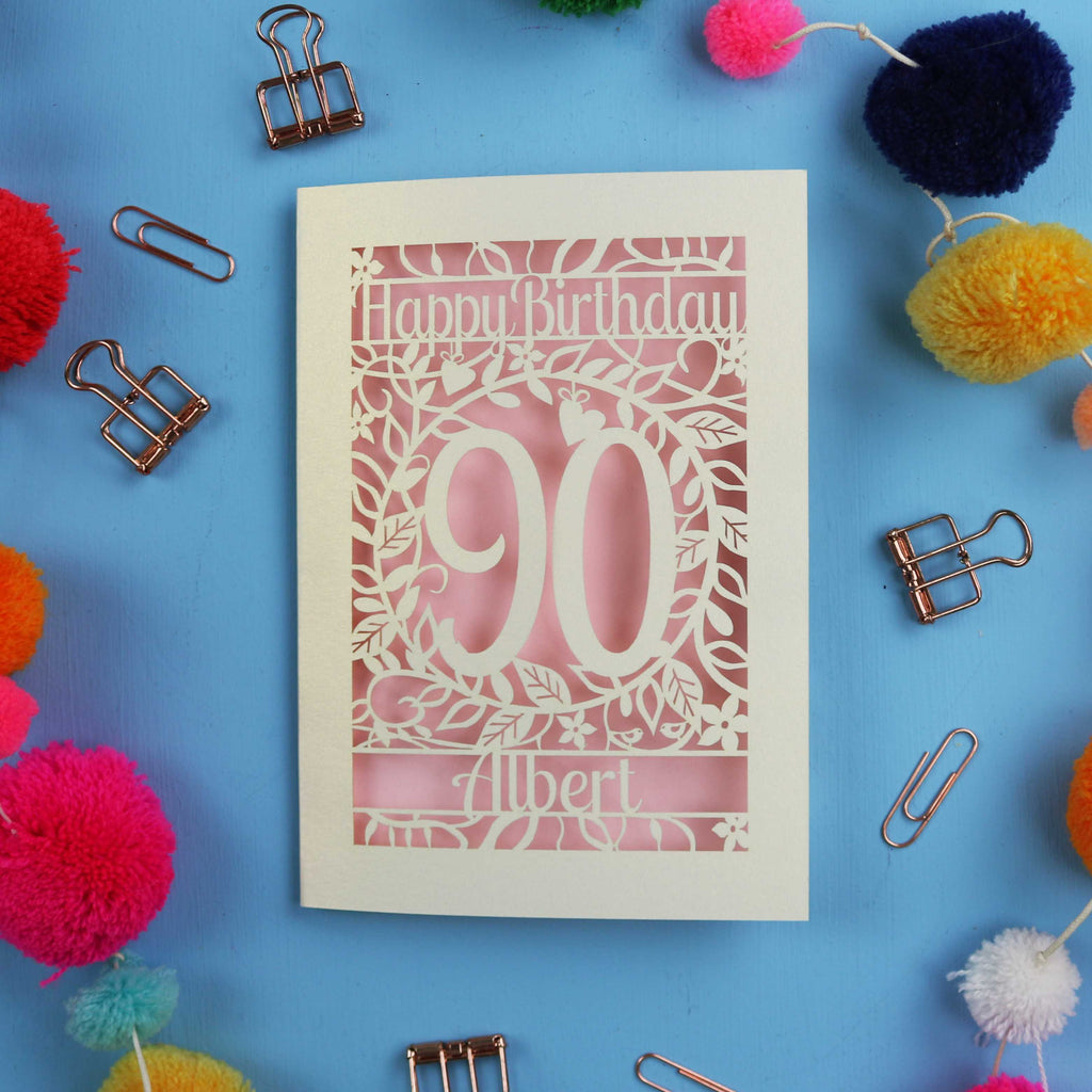 Thoughtful 90th Birthday card with 'Happy Birthday 90 Albert' on a blue background with colourful pom-poms and paper clips.