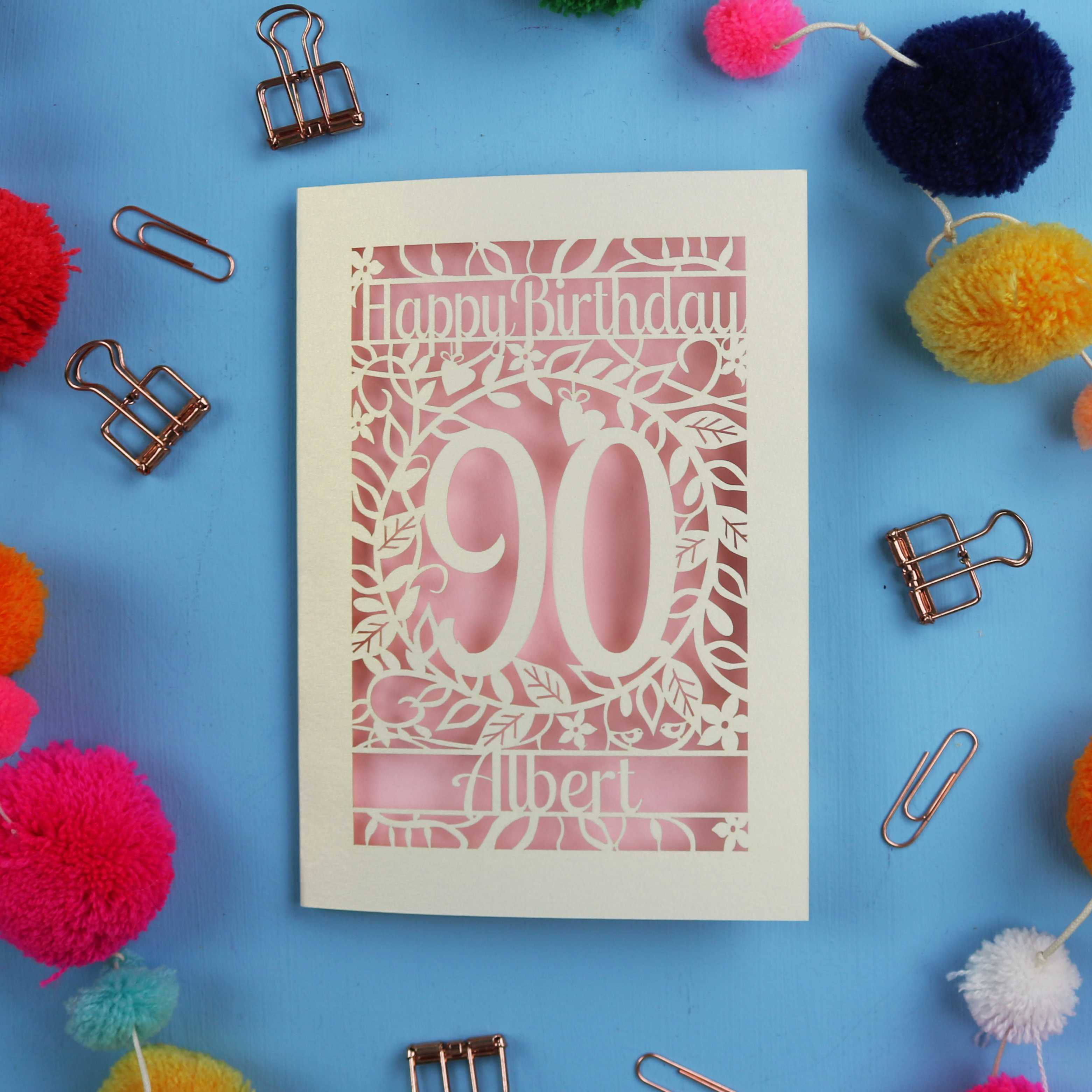 Thoughtful 90th Birthday card with 'Happy Birthday 90 Albert' on a blue background with colourful pom-poms and paper clips.