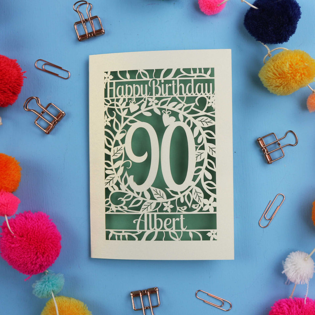 Birthday card with 'Happy Birthday 90 Albert' on a blue background with colourful pom-poms and paper clips.