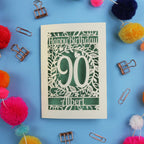 Birthday card with 'Happy Birthday 90 Albert' on a blue background with colourful pom-poms and paper clips.