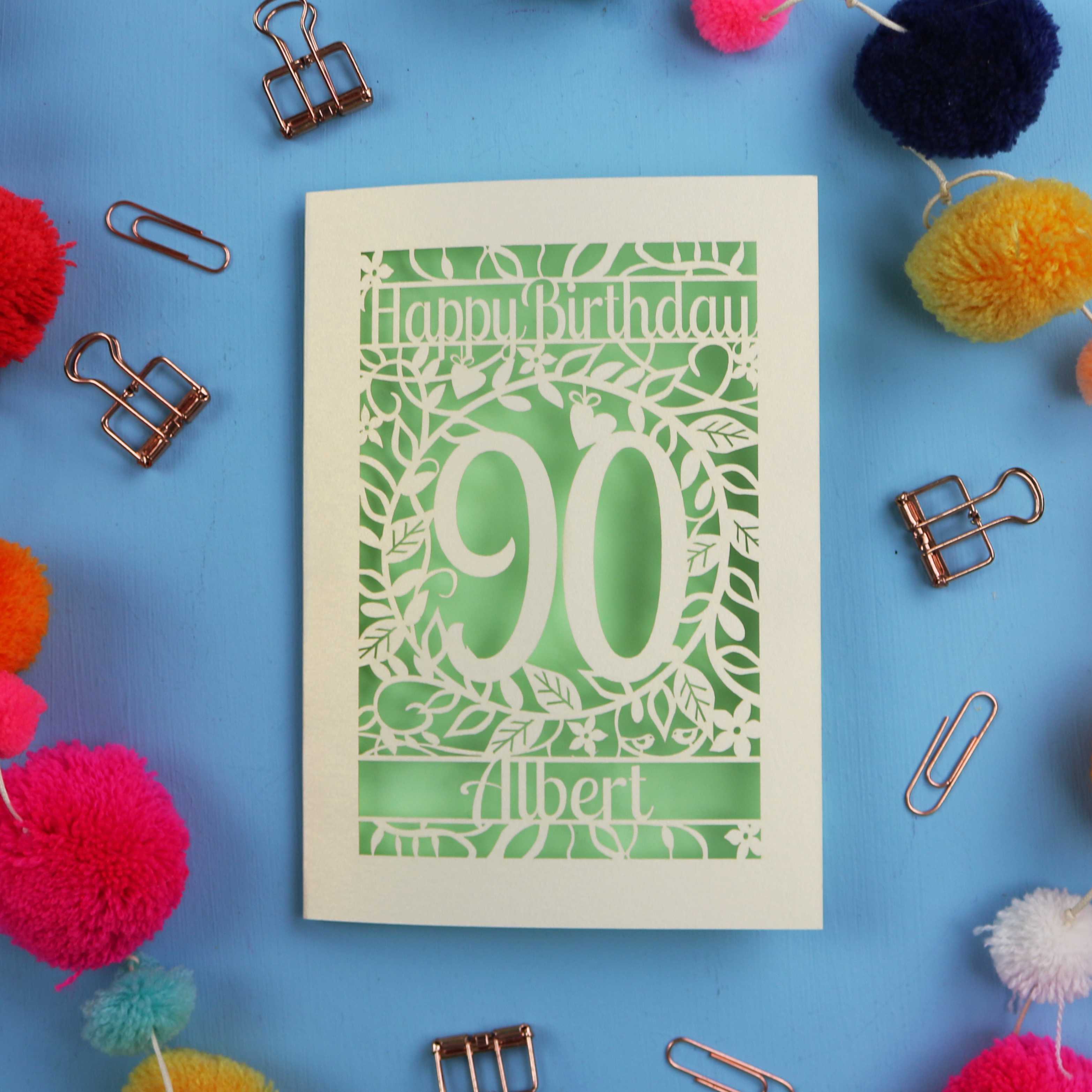 Special 90th Birthday card with 'Happy Birthday 90 Albert' on a blue background with colourful pom-poms and paper clips.