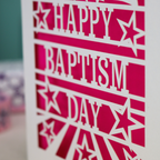 Baptism Card with 'Happy Baptism Day' text and star designs on a cream background