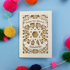 Personalized Bat Mitzvah card with decorative elements on a blue background