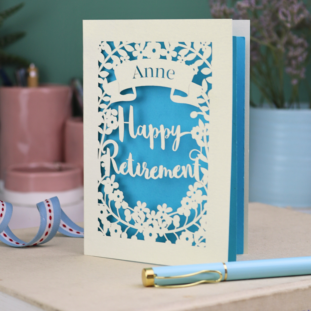 Greeting card with 'Happy Retirement' text on a decorative background