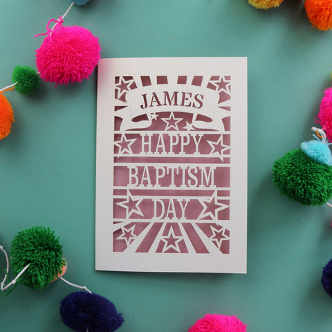 A cut out Baptism card that is personalised with a first name in a banner and reads "Happy Baptism Day" - A5 / Dusky Pink