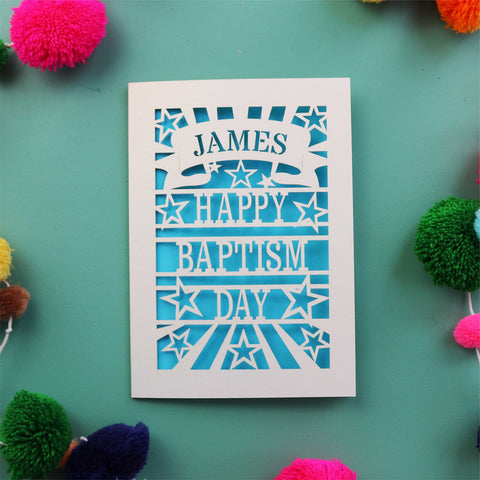 A personalised Baptism card with cut out star details - A5 / Peacock Blue