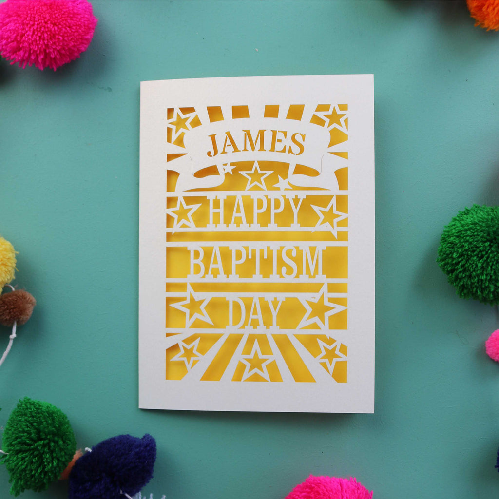 A laser cut Baptism card that says "Happy Baptism Day"