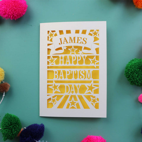 A laser cut Baptism card that says "Happy Baptism Day" - A5 / Sunshine Yellow