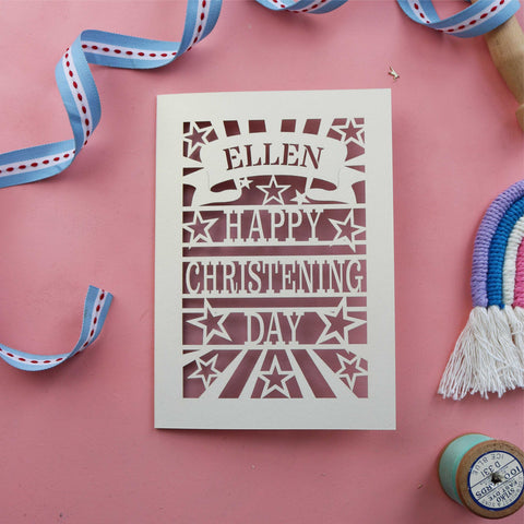 A papercut Christening card, personalised with a name - A5 / Dusky Pink