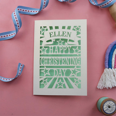 A laser cut Christening card, personalised with a first name  - A5 / Light Green