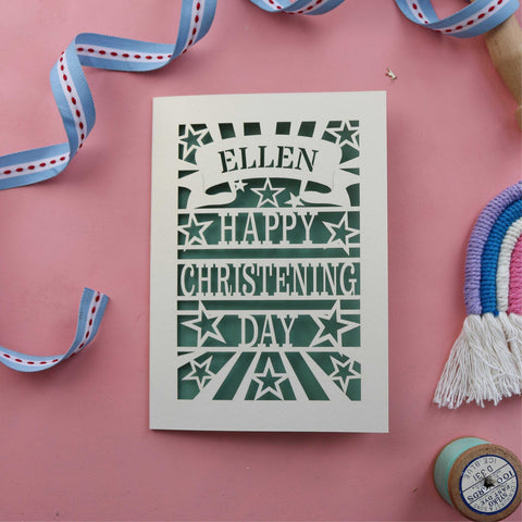 A cut out personalised Christening card - A5 / Sage