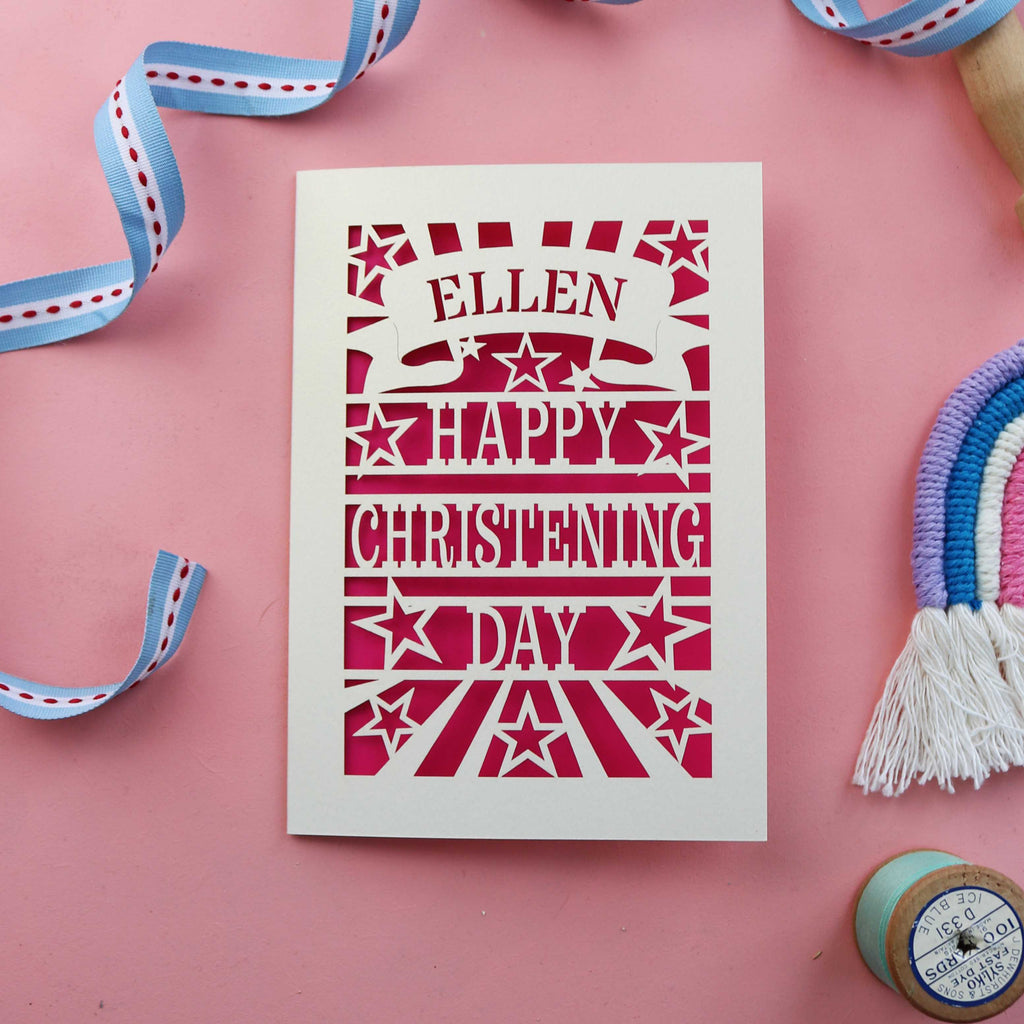 Christening cards, laser cut and personalised with a first name