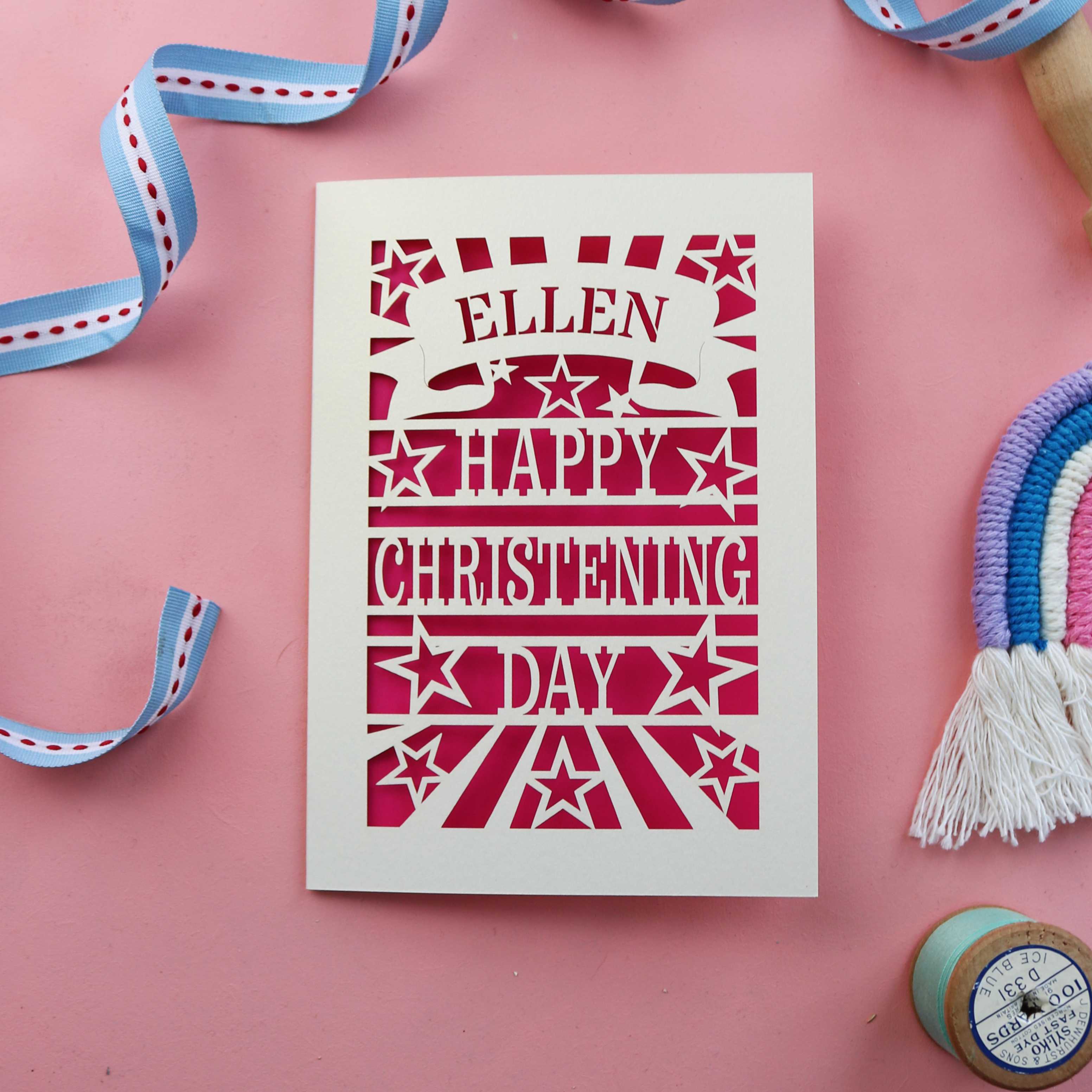Christening cards, laser cut and personalised with a first name