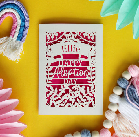 Personalised Papercut Happy Adoption Day Card - A6 (small) / Shocking Pink