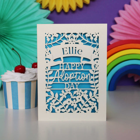 Personalised Papercut Happy Adoption Day Card - A6 (small) / Peacock Blue