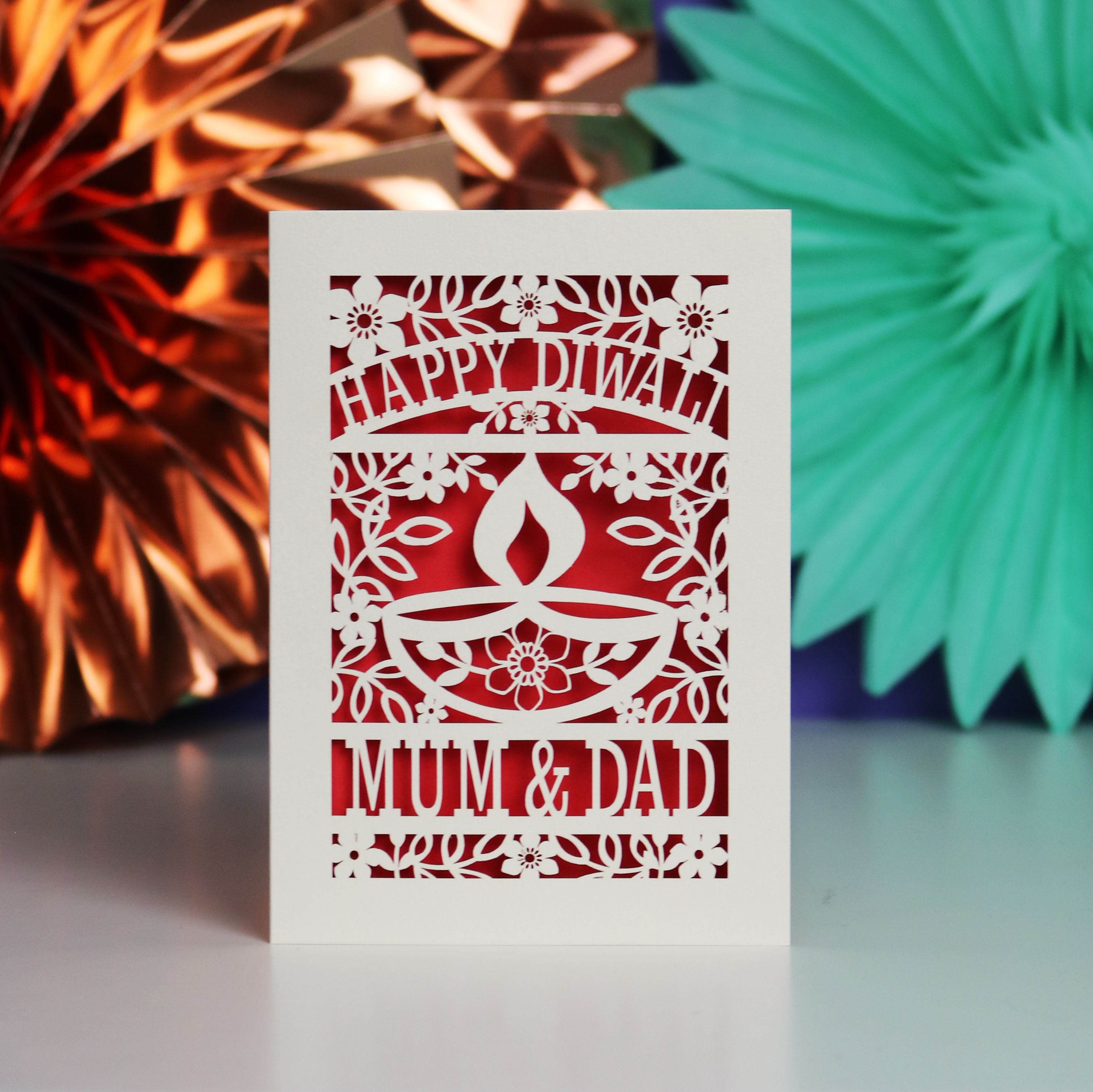 Decorative Diwali card with 'Happy Diwali' and 'Mum & Dad' 