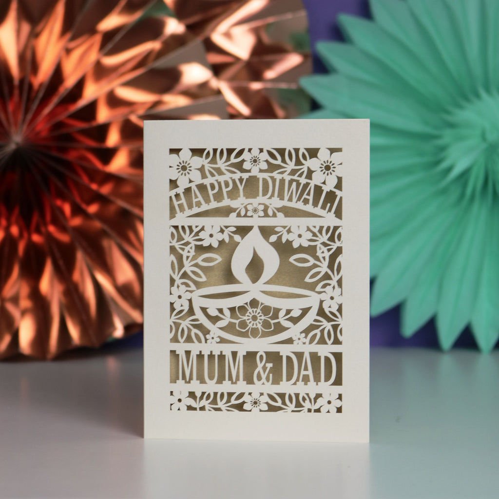 Decorative Diwali card with 'Happy Diwali' and 'Mum & Dad' text 