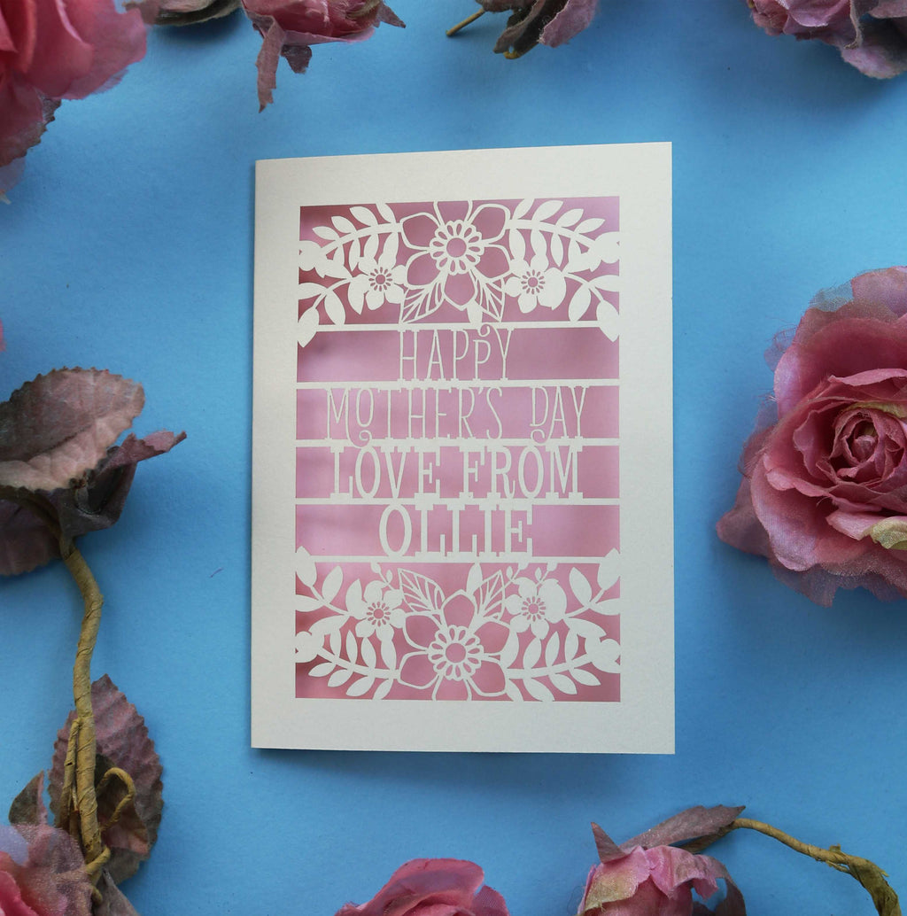 A laser cut happy Mother's Day card, personalised with the name of the sender on the bottom line