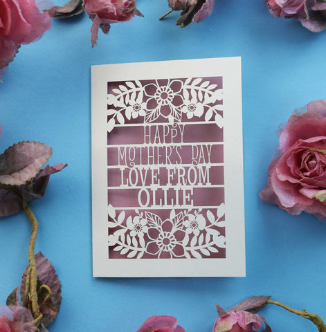 A paper cut Mother's day card that says "Happy Mother's Day, Love from NAME"