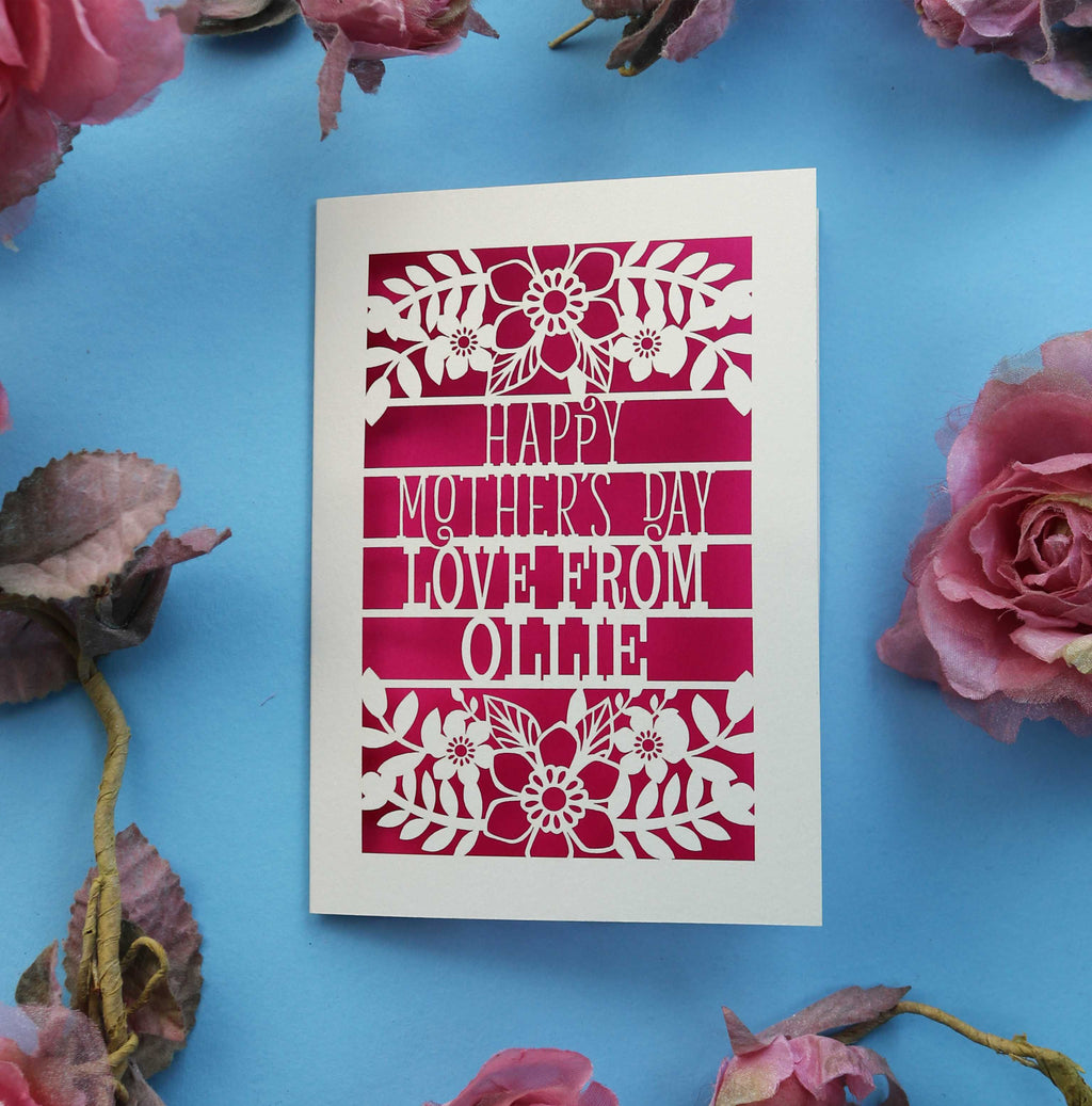 A personalised paper cut Mother's day card that says "Happy Mother's Day, Love from NAME"