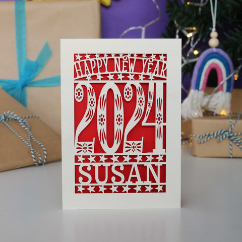 Personalised Papercut Happy New Year Card A5 - Bright Red / A6 (small)
