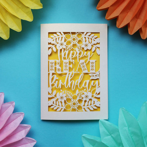 A laser cut card for leap year birthdays, "Happy Real Birthday" - A5 (large) / Sunshine Yellow