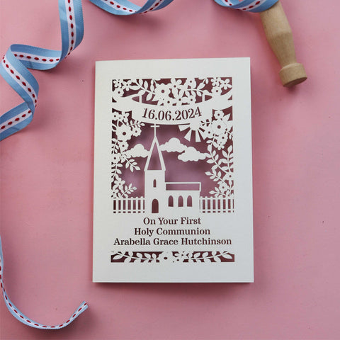 A personalised papercut card for a First Holy Communion - A5 / Dusky Pink