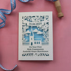 A personalised cut out card for a First Holy Communion