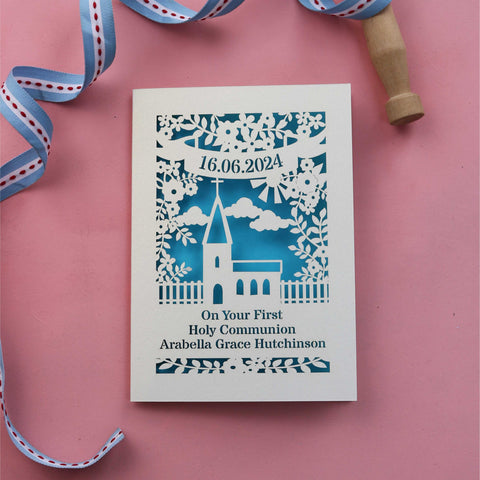 A personalised First Holy Communion card - A5 / Peacock Blue