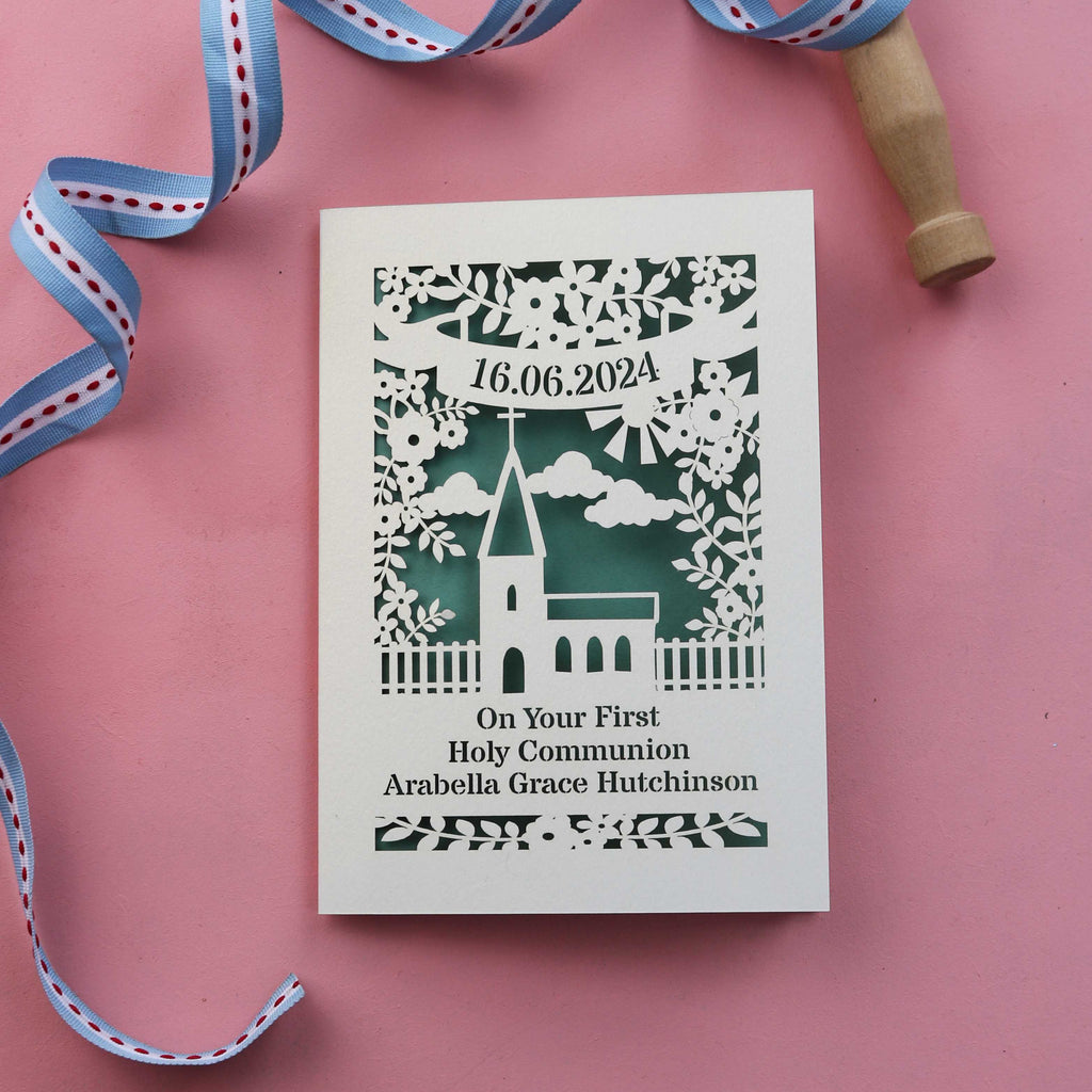 A personalised laser cut First Holy Communion card