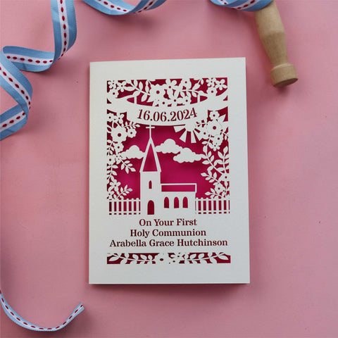 A personalised cut out First Holy Communion card - A5 / Shocking Pink