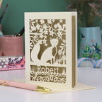 A laser cut birthday card for a husband, with fox cut out design and personalised with his name underneath. 