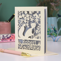 A laser cut birthday card for a husband, with sliver fox cut out design and personalised with his name underneath. 