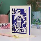 A laser cut birthday card with robot design, personalised with the age '45' and the name 'Joseph'