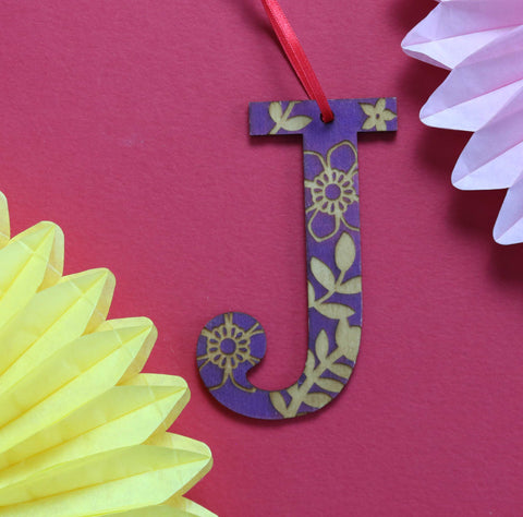 Assorted Letter J Wooden Engraved Hanging Decorations - 3mm purple floral