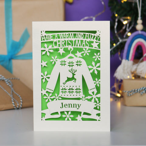Personalised Papercut Christmas Jumper Card - A5 (large) / Bright Green