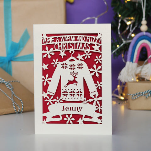Personalised Papercut Christmas Jumper Card - A5 (large) / Dark Red